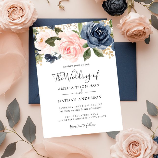 Convite de Casamento Florais Aquarela Bege Azul-Ma (Criador carregado)