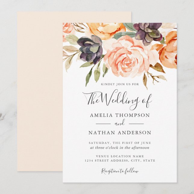 Convite de Casamento Florais Aquarela Pêssego (Frente/Verso)