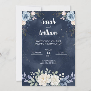 Convite de Casamento Florais Azul Celestial Noturn