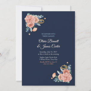Convite de Casamento Florais Náuticos Coral e Azul