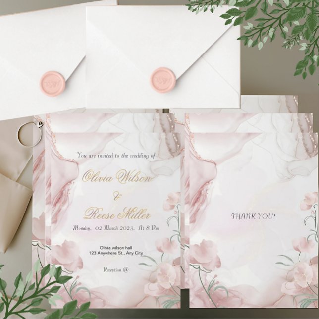 Convite De Casamento Floral (Elegant blush floral wedding invitation with watercolor design and gold accents for your special day)