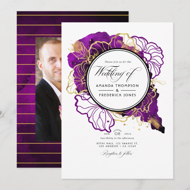 Convite de Casamento Floral Abstrato Roxo e Dourad (Frente/Verso)