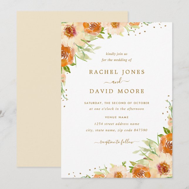 Convite de Casamento Floral Água-Marinha Dourado d (Frente/Verso)