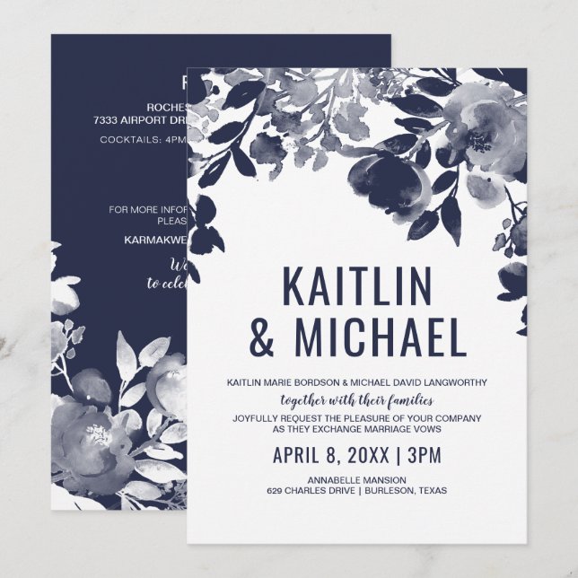 Convite de Casamento Floral All in One (Azul Marin (Frente/Verso)