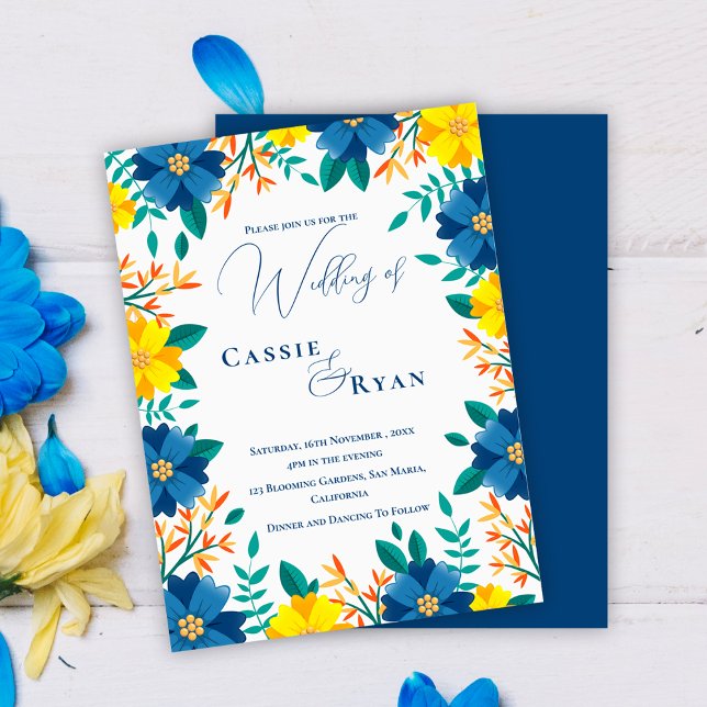 Convite De Casamento Floral Amarelo Amarelo Chic T (Chic Trendy Blue Yellow Floral Wedding Invitation Postcard)