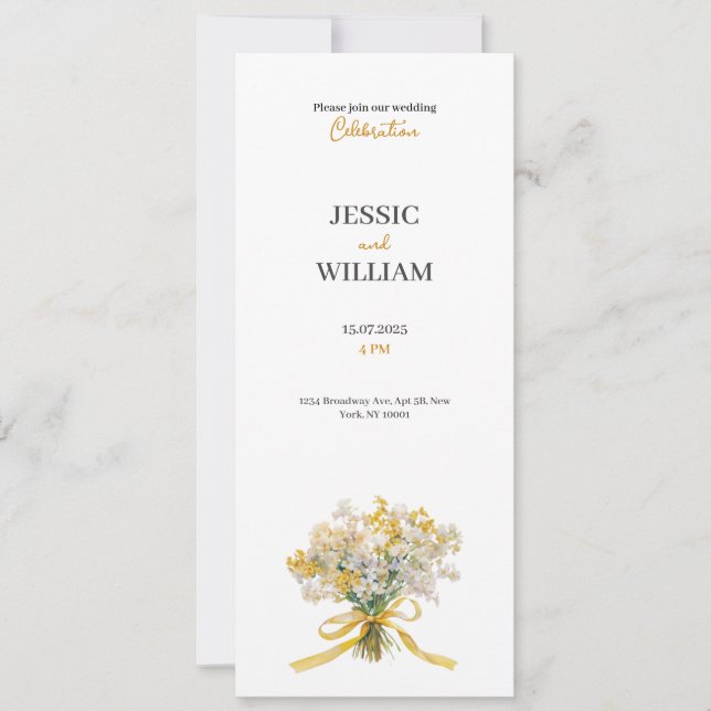 Convite de casamento floral amarelo chic dourado (Frente)