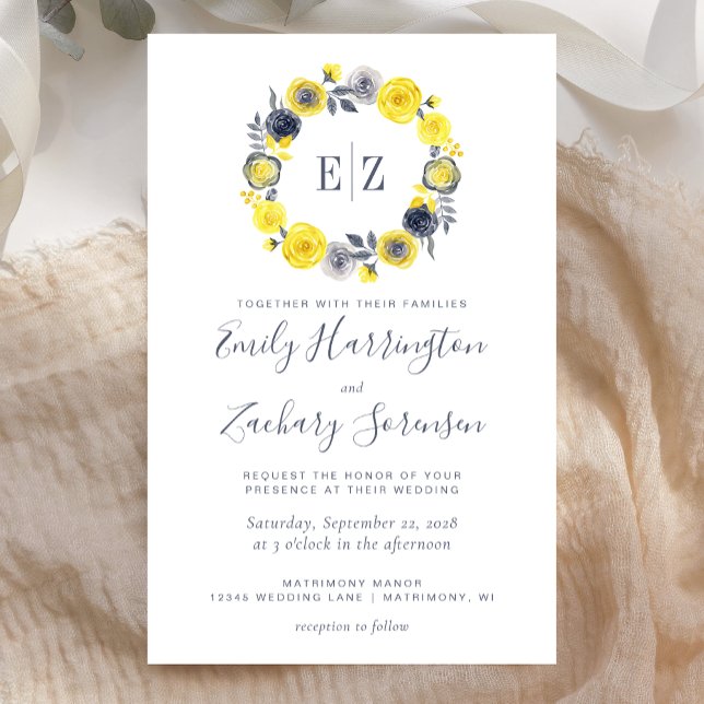Convite de Casamento Floral Amarelo Cinza Monogram (Criador carregado)
