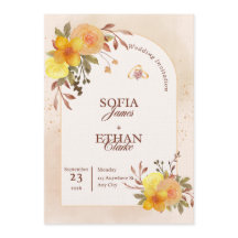 Convite de Casamento Floral Amarelo Quente e Pêsse