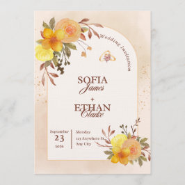 Convite de Casamento Floral Amarelo Quente e Pêsse