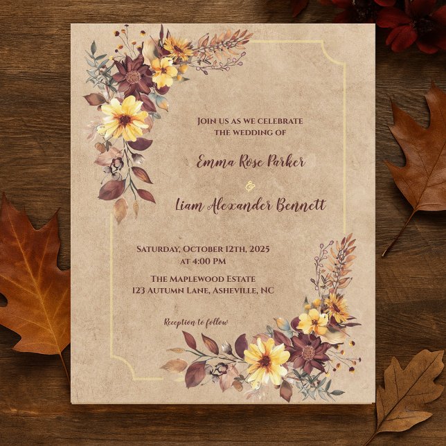 Convite de Casamento Floral Amarelo Rústico de Bor (Rustic Burgundy Yellow Floral Fall Wedding Invite)