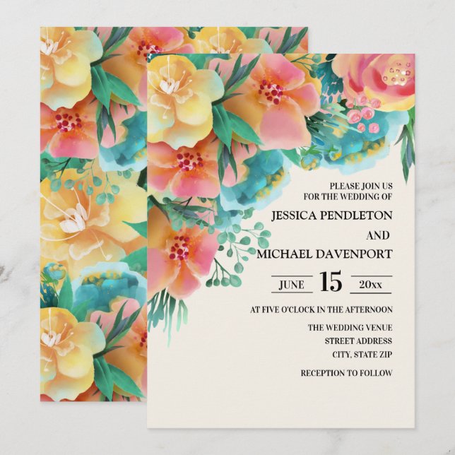 Convite De Casamento Floral Amarelo-Teal-Rosa Past (Frente/Verso)