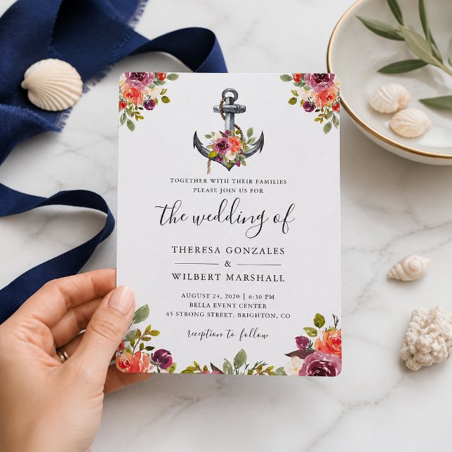 Convite de Casamento Floral Âncora Azul-Marinho Li (Criador carregado)