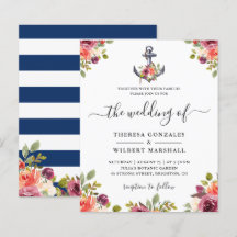 Convite de Casamento Floral Âncora Náutica