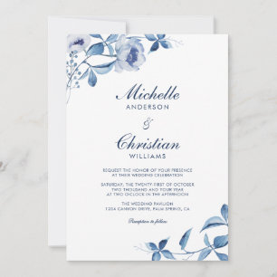 Convite de Casamento Floral Aquarela Azul