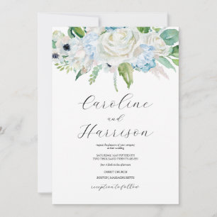 Convite de Casamento Floral Aquarela Azul Elegante