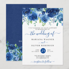 Convite de Casamento Floral Aquarela Azul Marinho
