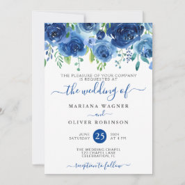 Convite de Casamento Floral Aquarela Azul Marinho