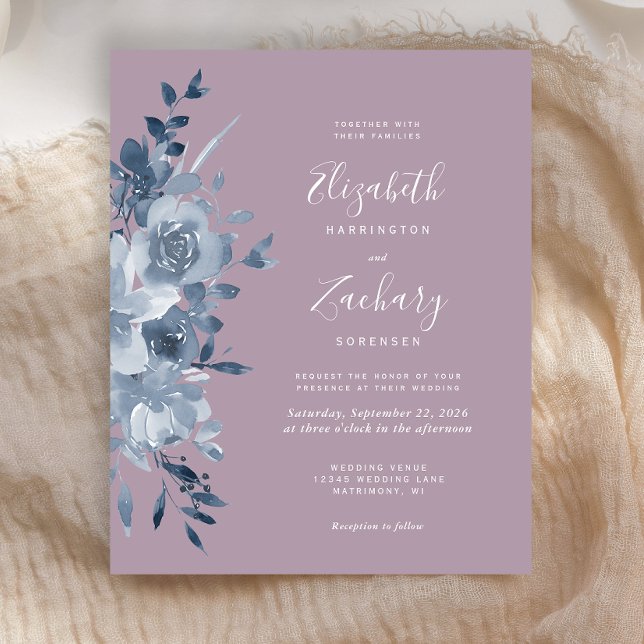Convite de Casamento Floral Aquarela Azul Poeirent (Criador carregado)