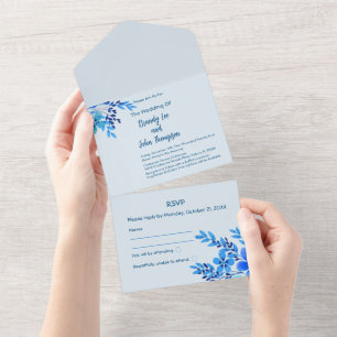 Convite de Casamento Floral Aquarela Azul Tudo em 