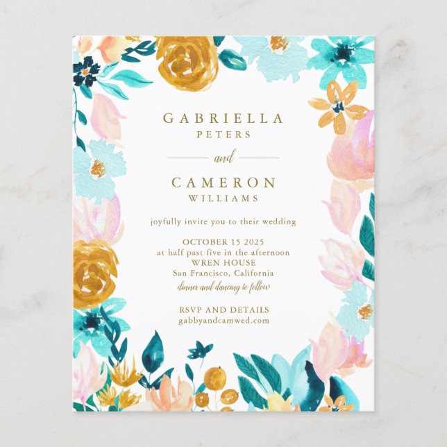 Convite de Casamento Floral Aquarela Boho Azul Tur (Frente)