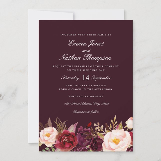 Convite de Casamento Floral Aquarela Borgonha (Frente)
