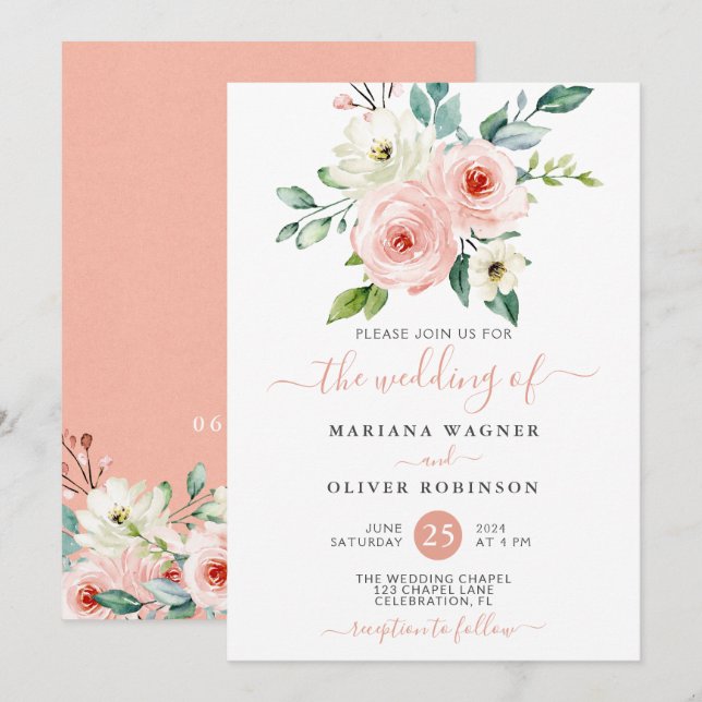 Convite de Casamento Floral Aquarela Branco e Pêss (Frente/Verso)