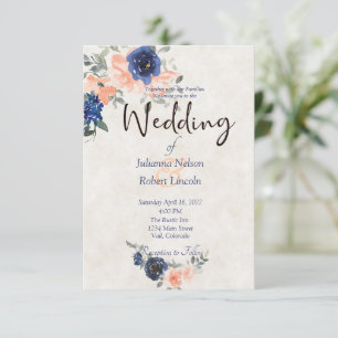 Convite de casamento floral aquarela em azul e pês