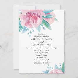 Convite de casamento floral aquarela. Flores rosa