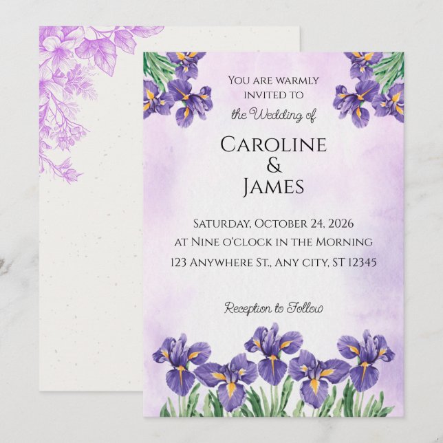 Convite de Casamento Floral Aquarela Íris Roxo Ele (Frente/Verso)
