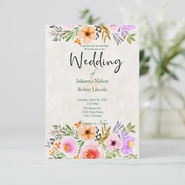 Convite de casamento floral aquarela laranja e rox (Em pé/Frente)