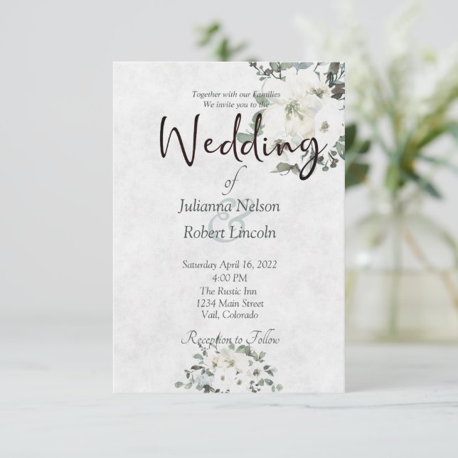 Convite de casamento floral aquarela marfim (Em pé/Frente)