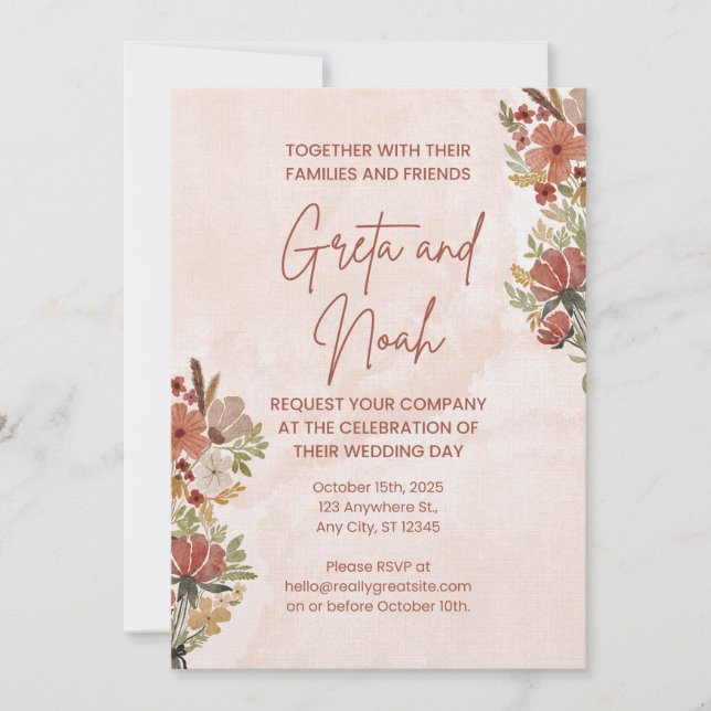 Convite de Casamento Floral Aquarela Marrom Verde (Frente)