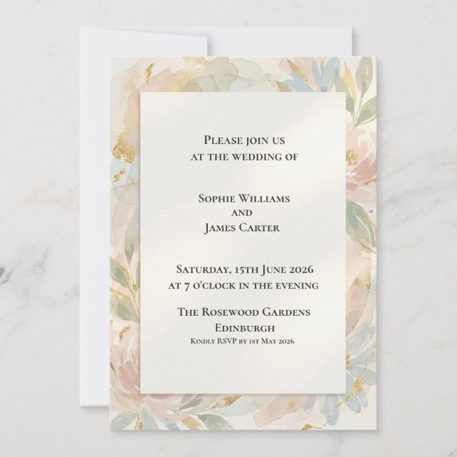 Convite de Casamento Floral Aquarela Pastel (Frente)
