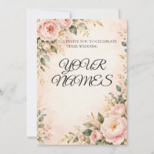Convite de Casamento Floral Aquarela Rosa Corado c