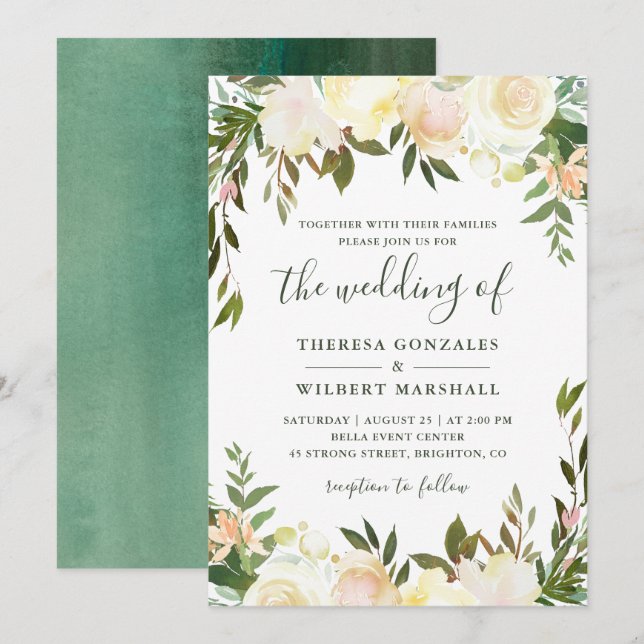 Convite de Casamento Floral Aquarela Verde Branco (Frente/Verso)