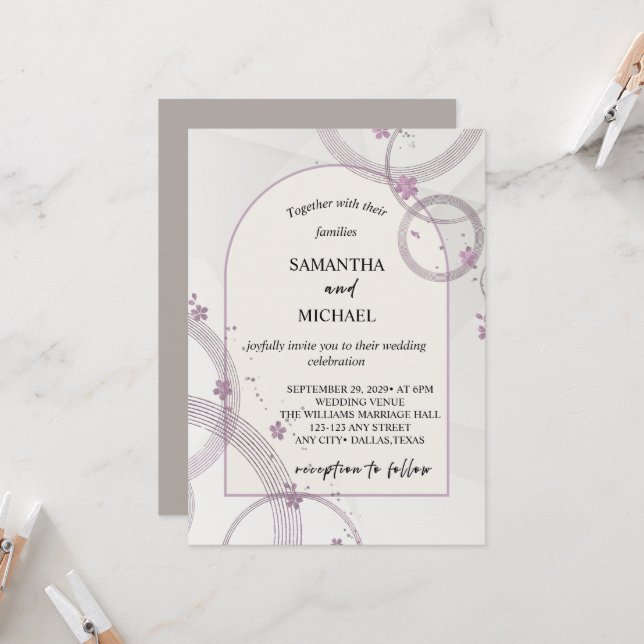 Convite de Casamento Floral Arqueado Cool Taupe (Frente/Verso In Situ)