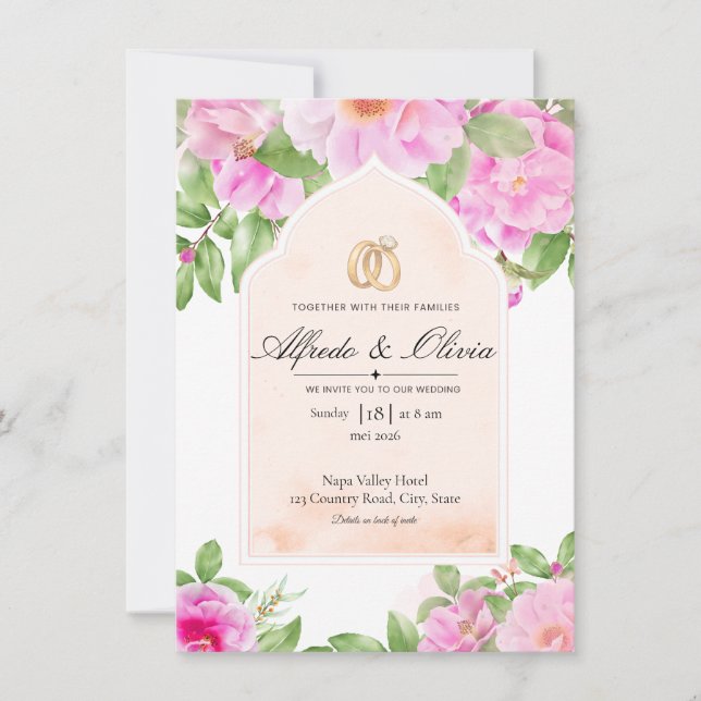 Convite de Casamento Floral Arqueado de Peônia Ros (Frente)