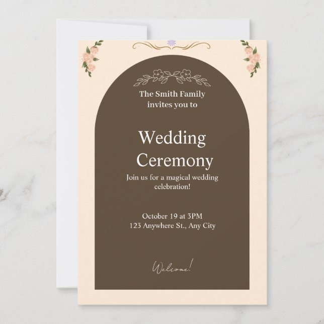 Convite de Casamento Floral Arqueado Marrom Elegan (Frente)