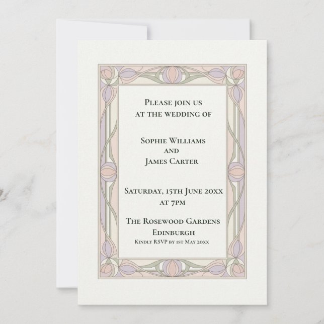 Convite de Casamento Floral Art Déco Pastel (Frente)
