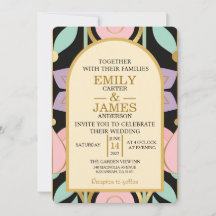 Convite de Casamento Floral Art Déco | Preto Doura