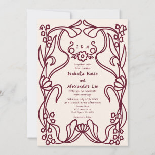 Convite de Casamento Floral Art Nouveau Burgundy P