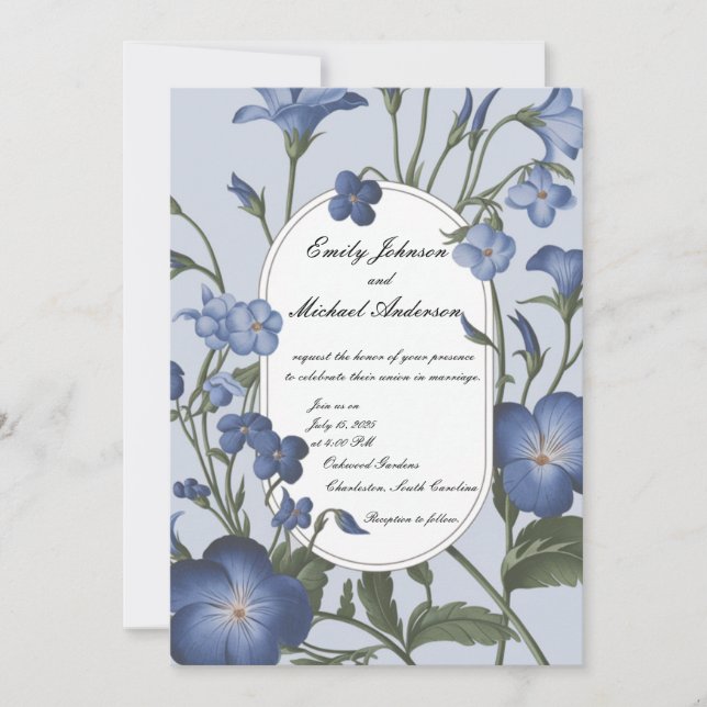 Convite de Casamento Floral Azul (Frente)