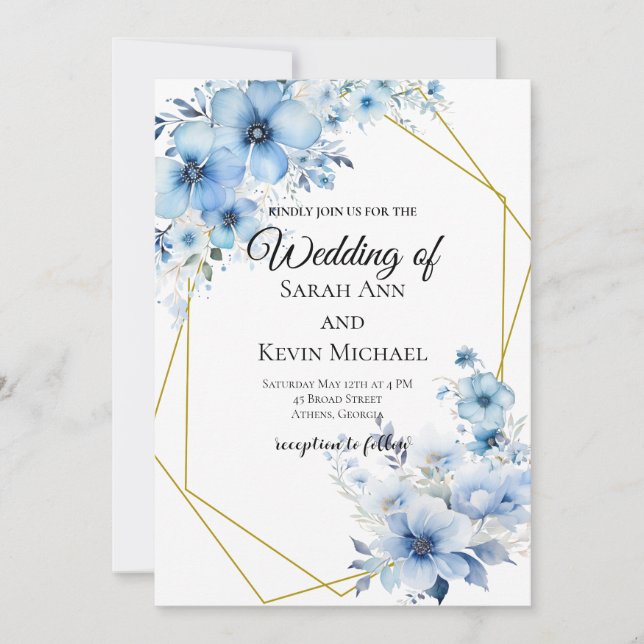 Convite de Casamento Floral Azul (Frente)