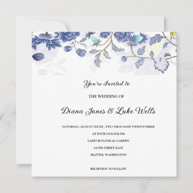 Convite de Casamento Floral Azul (Frente)