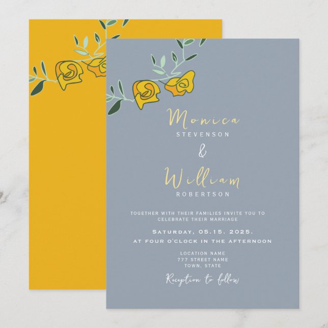 Convite De Casamento Floral Azul Amarelo (Frente/Verso)