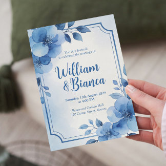 Convite de Casamento Floral Azul Aquarela