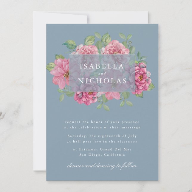 Convite de Casamento Floral Azul Ardósia (Frente)