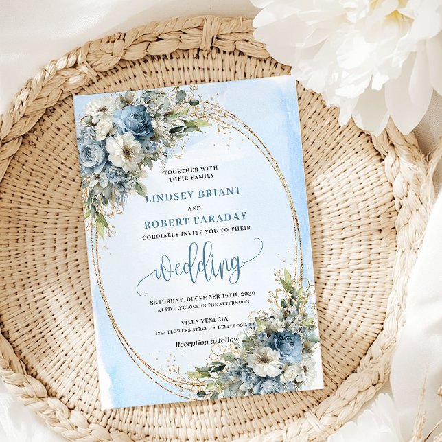 Convite de Casamento Floral Azul Boêmio Dourado (Bohemian Blue Floral Gold Wedding Invitation)