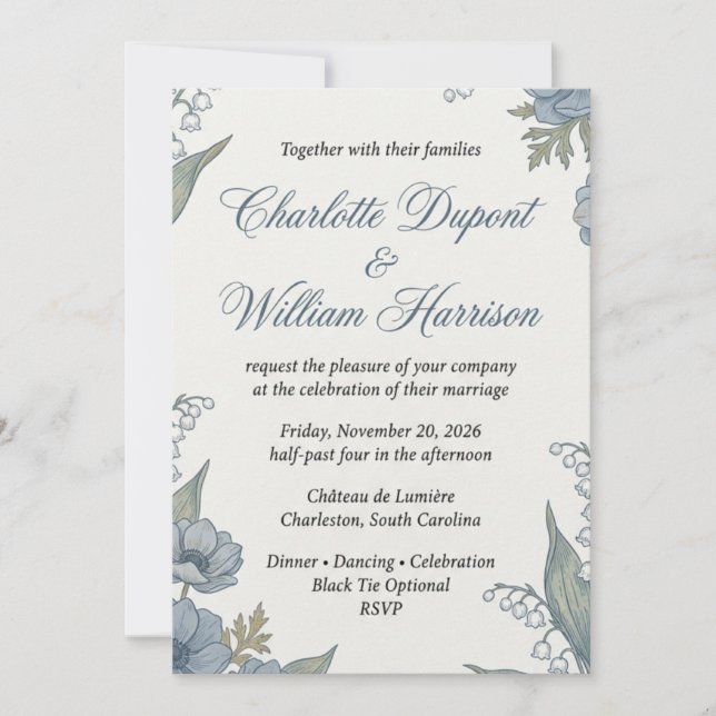 Convite de Casamento Floral Azul Botânico Vintage  (Frente)