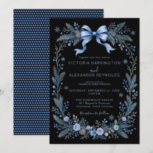 Convite de Casamento Floral Azul com Laço